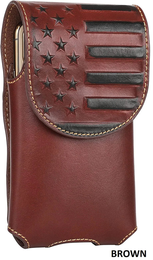 7" USA FLAG LEATHER PHONE HOLSTER POUCH BROWN EXTRA LARGE  BELT LOOP HOLSTER CELL PHONE CASE UNIVERSAL OVERSIZE #EH13717