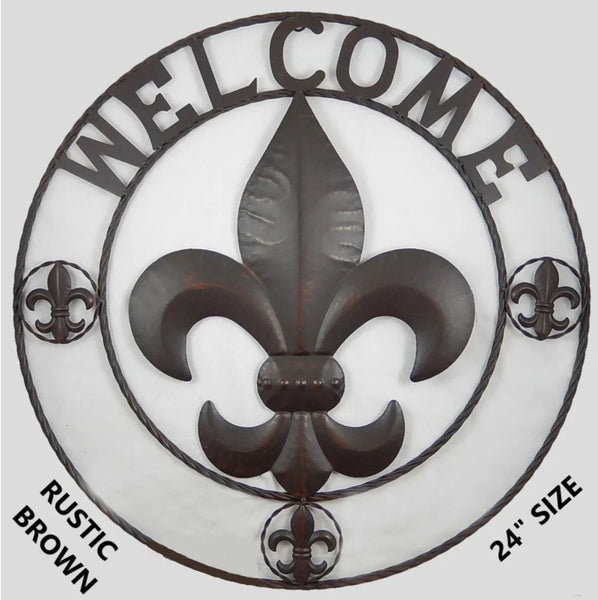 FLEUR DE LIS WELCOME 24",32",36" BROWN METAL SIGN WESTERN HOME DECOR HANDMADE NEW #EH12845