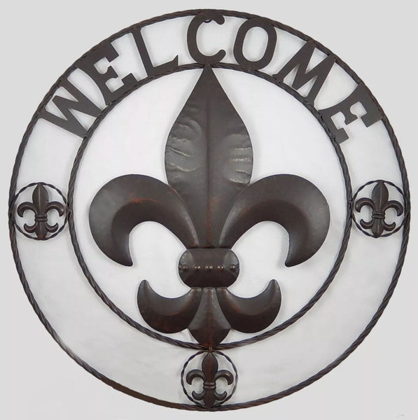 FLEUR DE LIS WELCOME 24",32",36" BROWN METAL SIGN WESTERN HOME DECOR HANDMADE NEW #EH12845