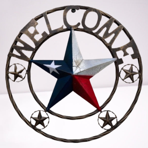 WELCOME CRACKLE STAR TWISTED ROPE RING RED WHITE BLUE METAL STAR WESTERN HOME DECOR HANDMADE NEW #EH12074