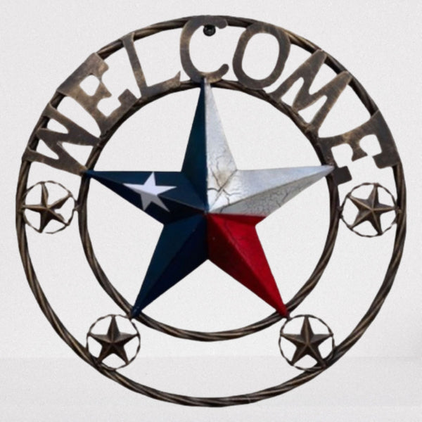 WELCOME CRACKLE STAR TWISTED ROPE RING RED WHITE BLUE METAL STAR WESTERN HOME DECOR HANDMADE NEW #EH12074