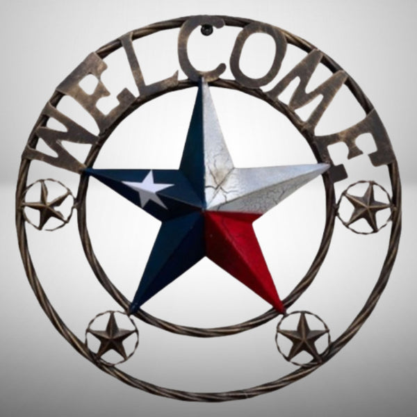 WELCOME CRACKLE STAR TWISTED ROPE RING RED WHITE BLUE METAL STAR WESTERN HOME DECOR HANDMADE NEW #EH12074