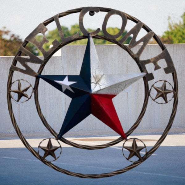 WELCOME CRACKLE STAR TWISTED ROPE RING RED WHITE BLUE METAL STAR WESTERN HOME DECOR HANDMADE NEW #EH12074