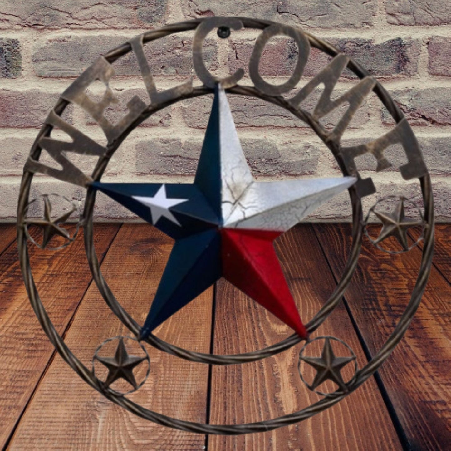WELCOME CRACKLE STAR TWISTED ROPE RING RED WHITE BLUE METAL STAR WESTERN HOME DECOR HANDMADE NEW #EH12074