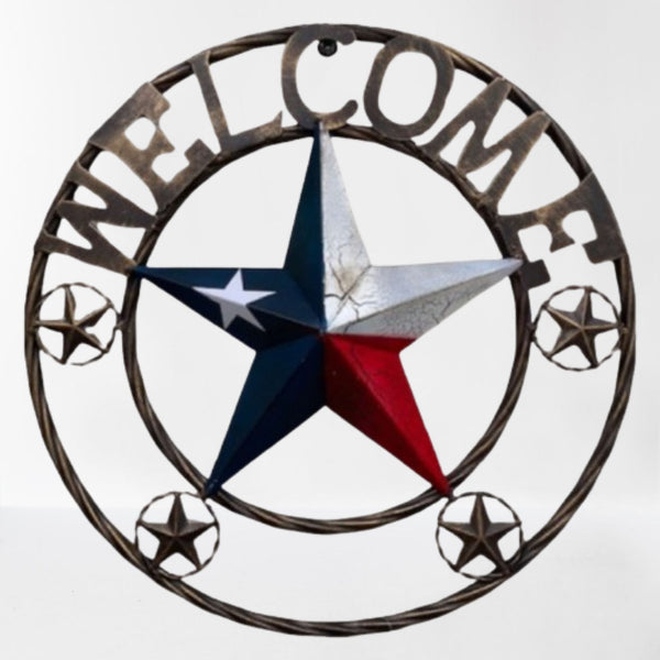 WELCOME CRACKLE STAR TWISTED ROPE RING RED WHITE BLUE METAL STAR WESTERN HOME DECOR HANDMADE NEW #EH12074