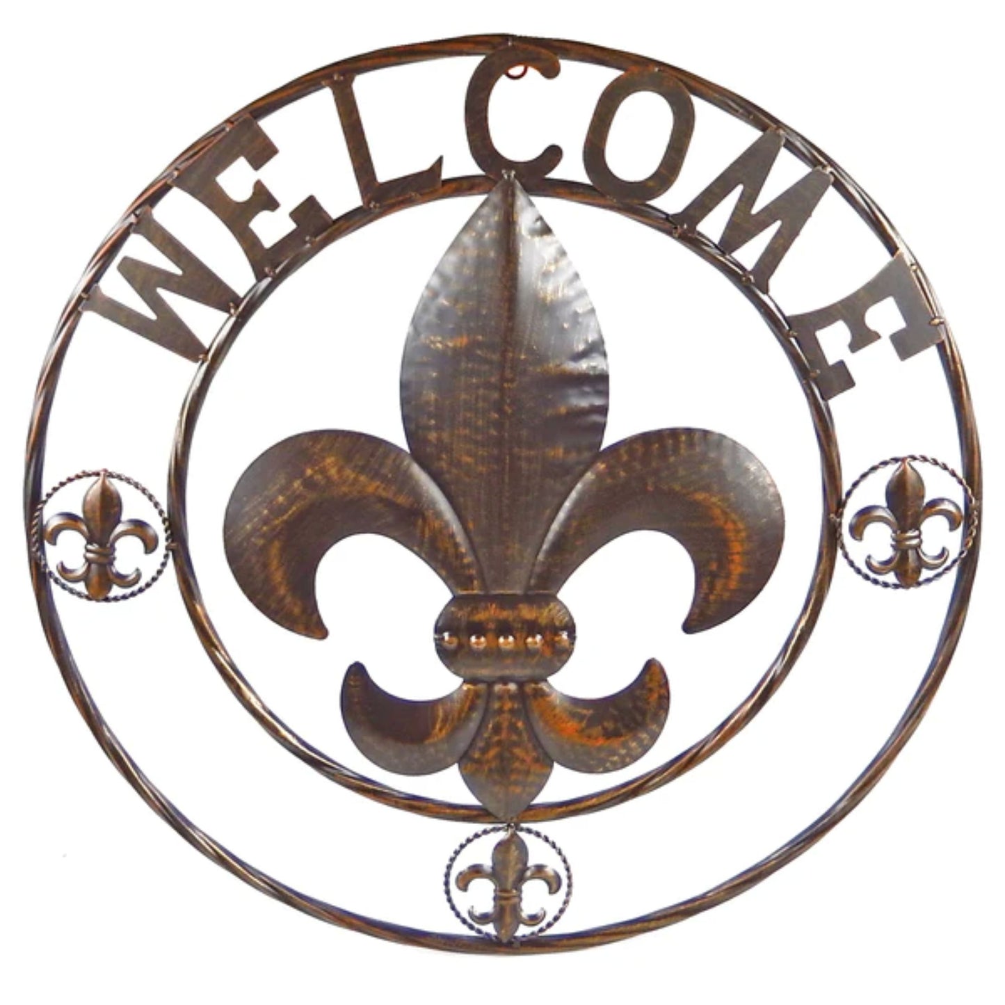 FLEUR DE LIS WELCOME BROWN WITH GOLD STUD BEAD WESTERN METAL ART HANDMADE #EH12923