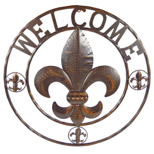 FLEUR DE LIS WELCOME BROWN WITH GOLD STUD BEAD WESTERN METAL ART HANDMADE #EH12923