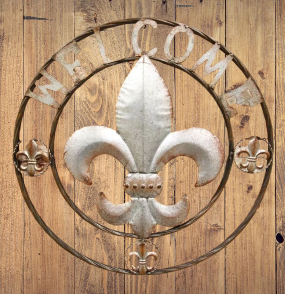FLEUR DE LIS 24" WELCOME GALVANIZED RAW METAL WALL ART WESTERN HOME DECOR #EH10286