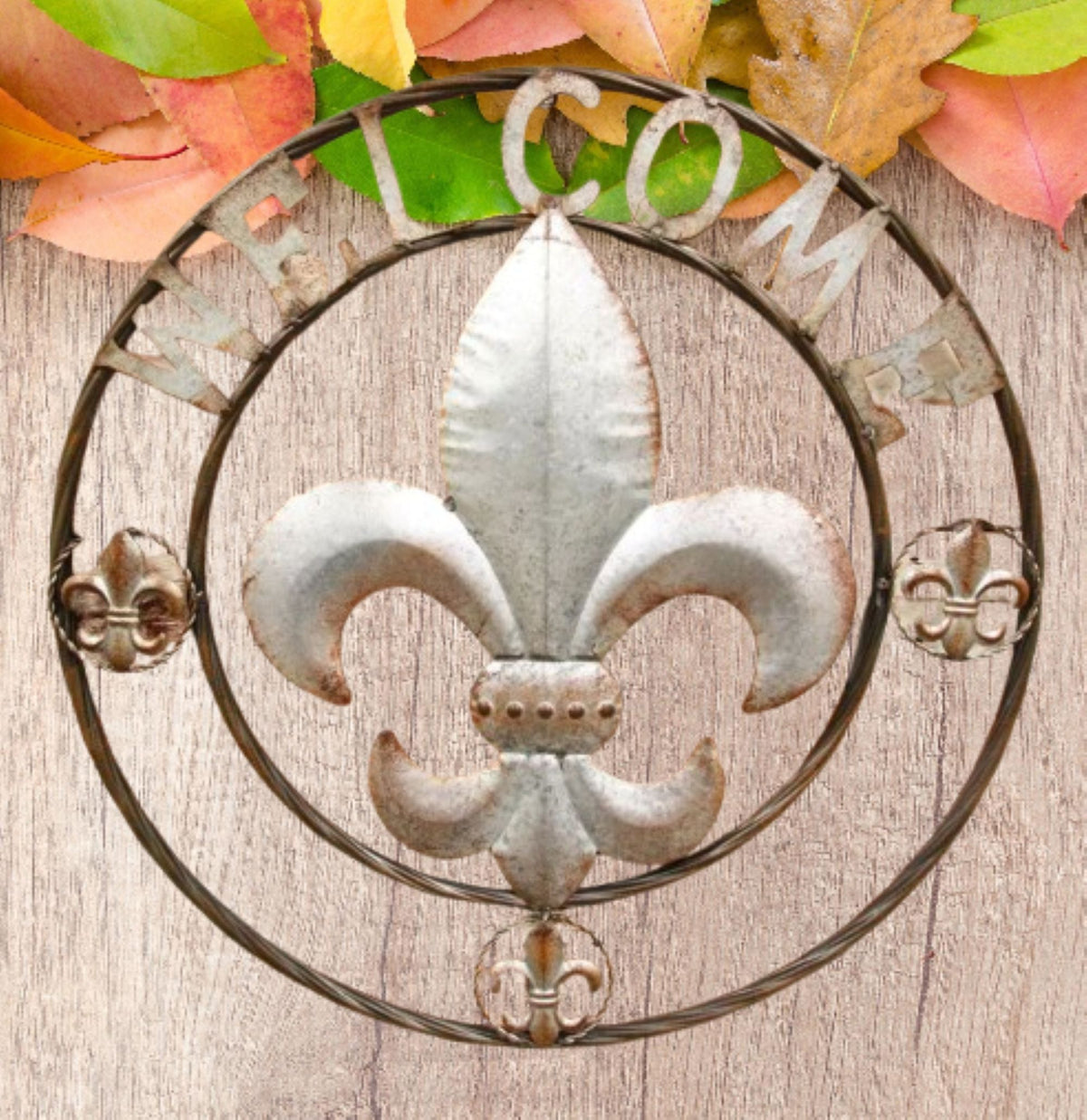 FLEUR DE LIS 24" WELCOME GALVANIZED RAW METAL WALL ART WESTERN HOME DECOR #EH10286