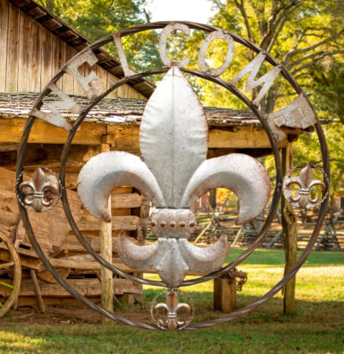 FLEUR DE LIS 24" WELCOME GALVANIZED RAW METAL WALL ART WESTERN HOME DECOR #EH10286
