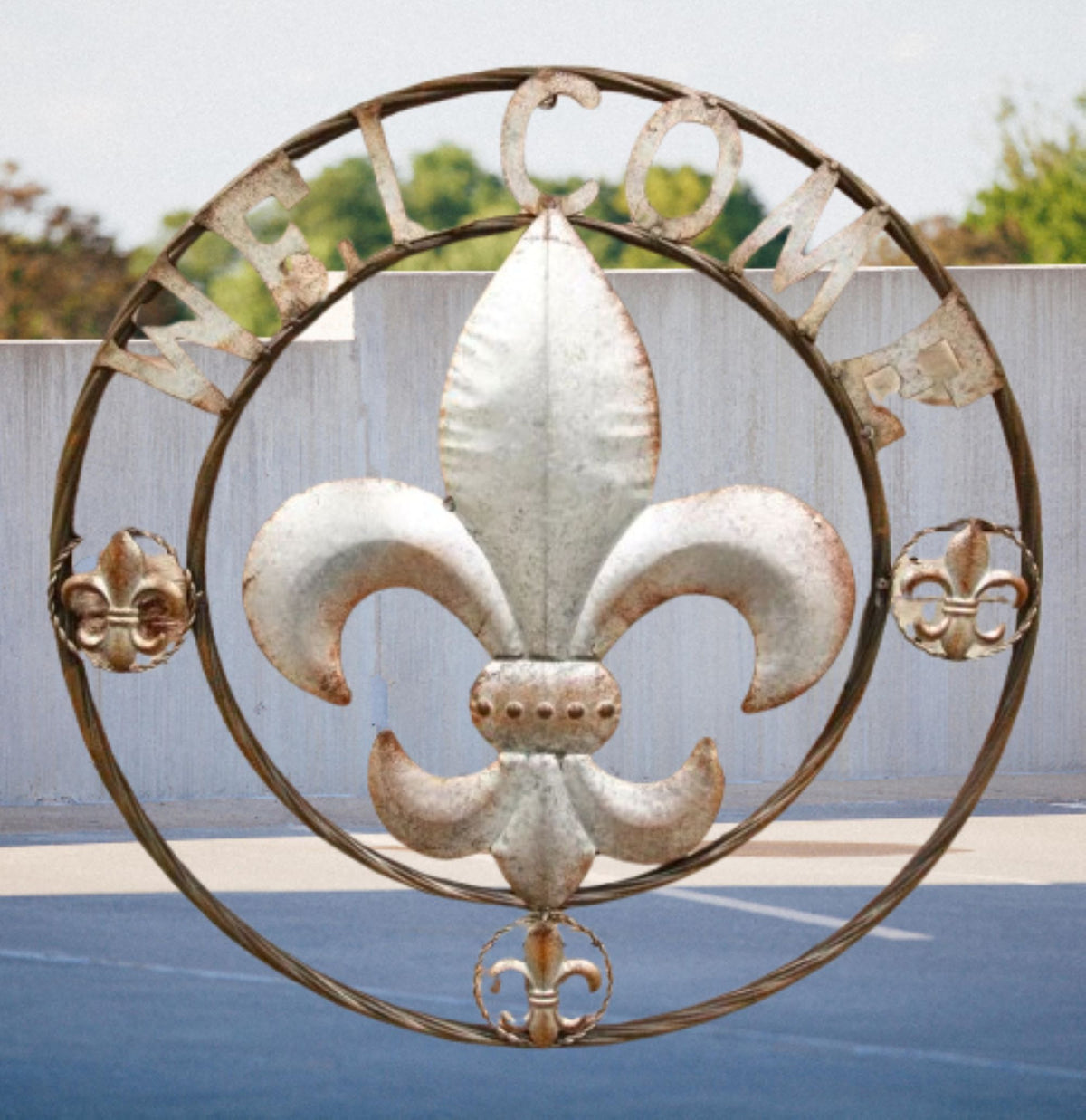 FLEUR DE LIS 24" WELCOME GALVANIZED RAW METAL WALL ART WESTERN HOME DECOR #EH10286