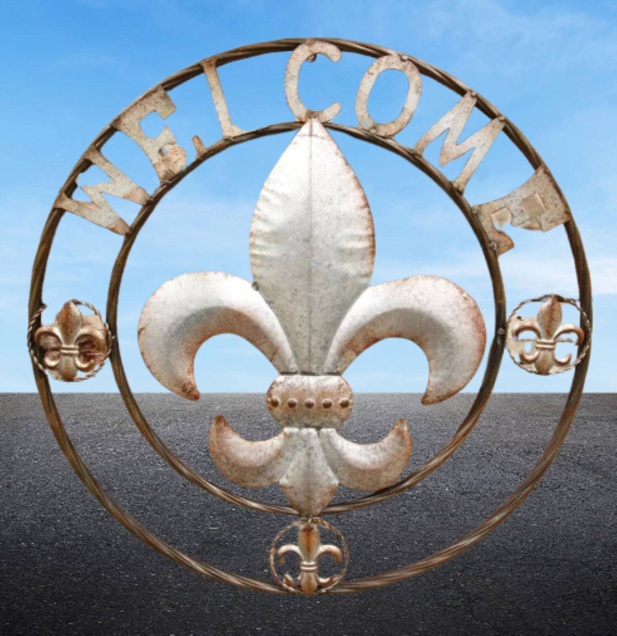 FLEUR DE LIS 24" WELCOME GALVANIZED RAW METAL WALL ART WESTERN HOME DECOR #EH10286