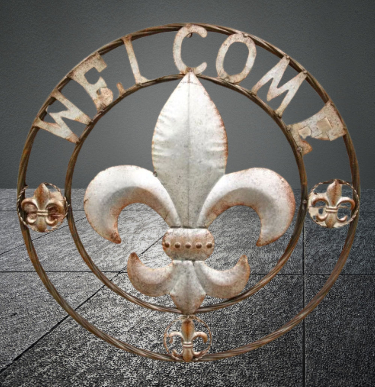 FLEUR DE LIS 24" WELCOME GALVANIZED RAW METAL WALL ART WESTERN HOME DECOR #EH10286