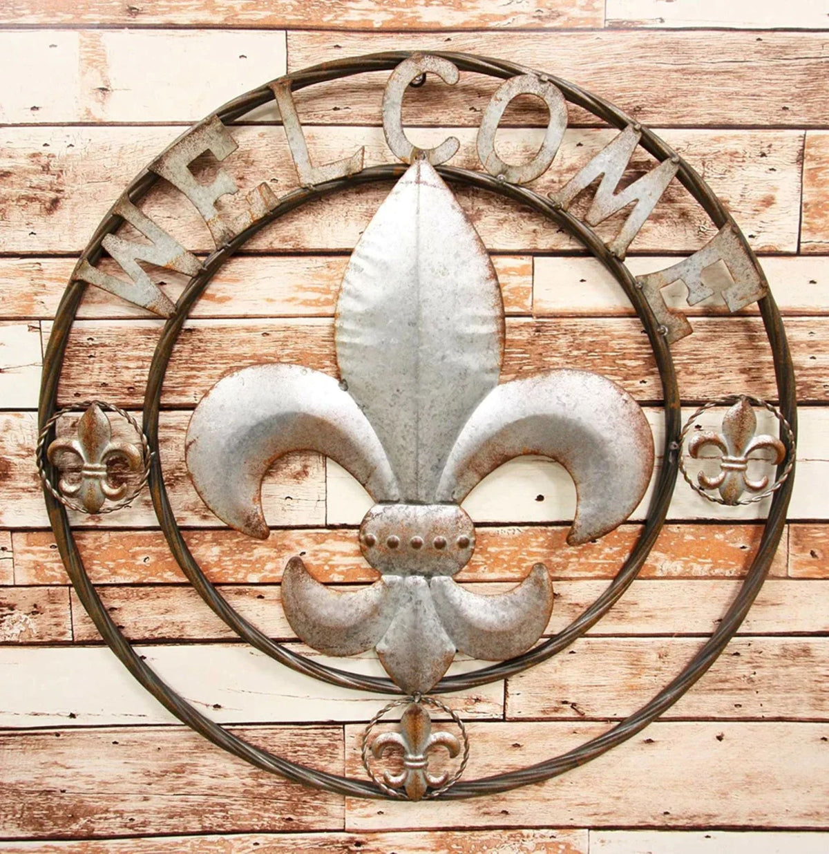 FLEUR DE LIS 24" WELCOME GALVANIZED RAW METAL WALL ART WESTERN HOME DECOR #EH10286