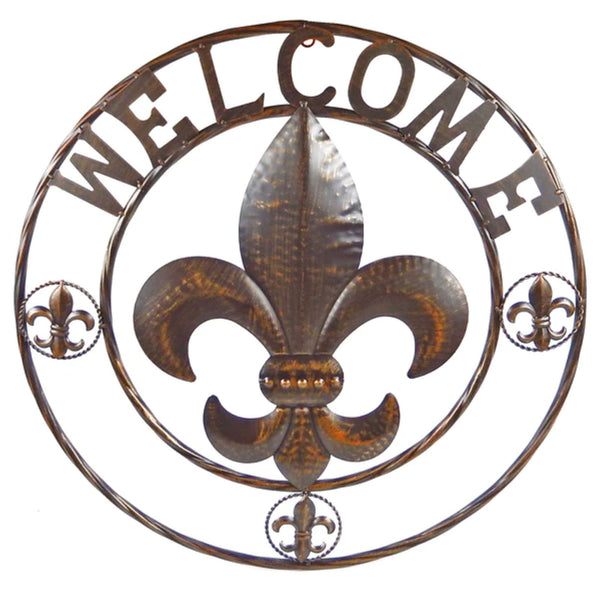 FLEUR DE LIS WELCOME BROWN WITH GOLD STUD BEAD WESTERN METAL ART HANDMADE #EH12923
