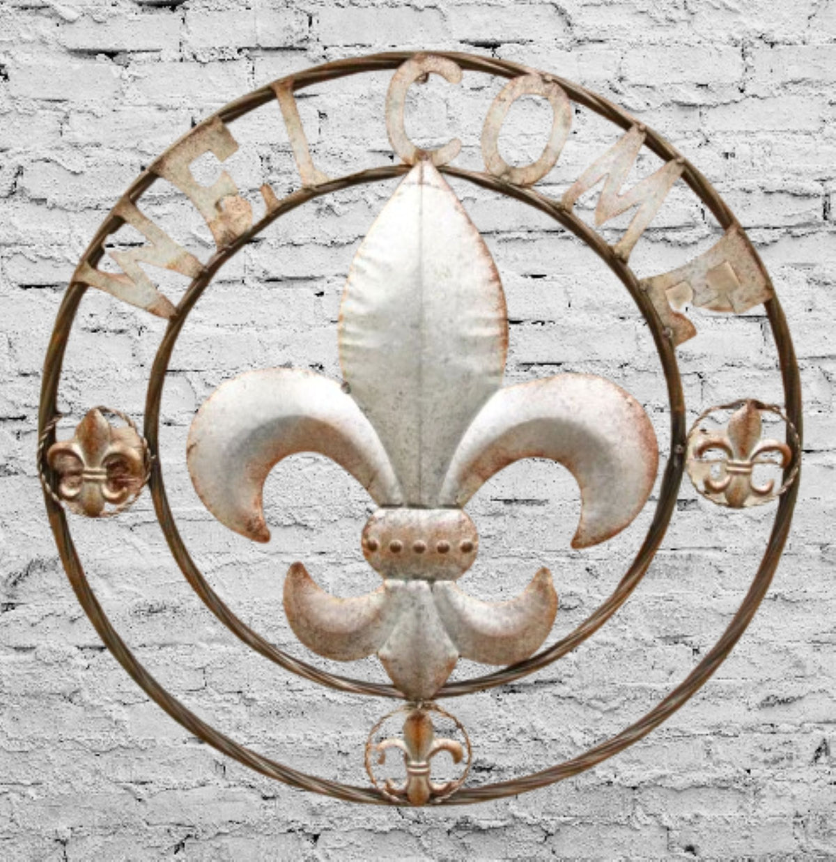 FLEUR DE LIS 24" WELCOME GALVANIZED RAW METAL WALL ART WESTERN HOME DECOR #EH10286