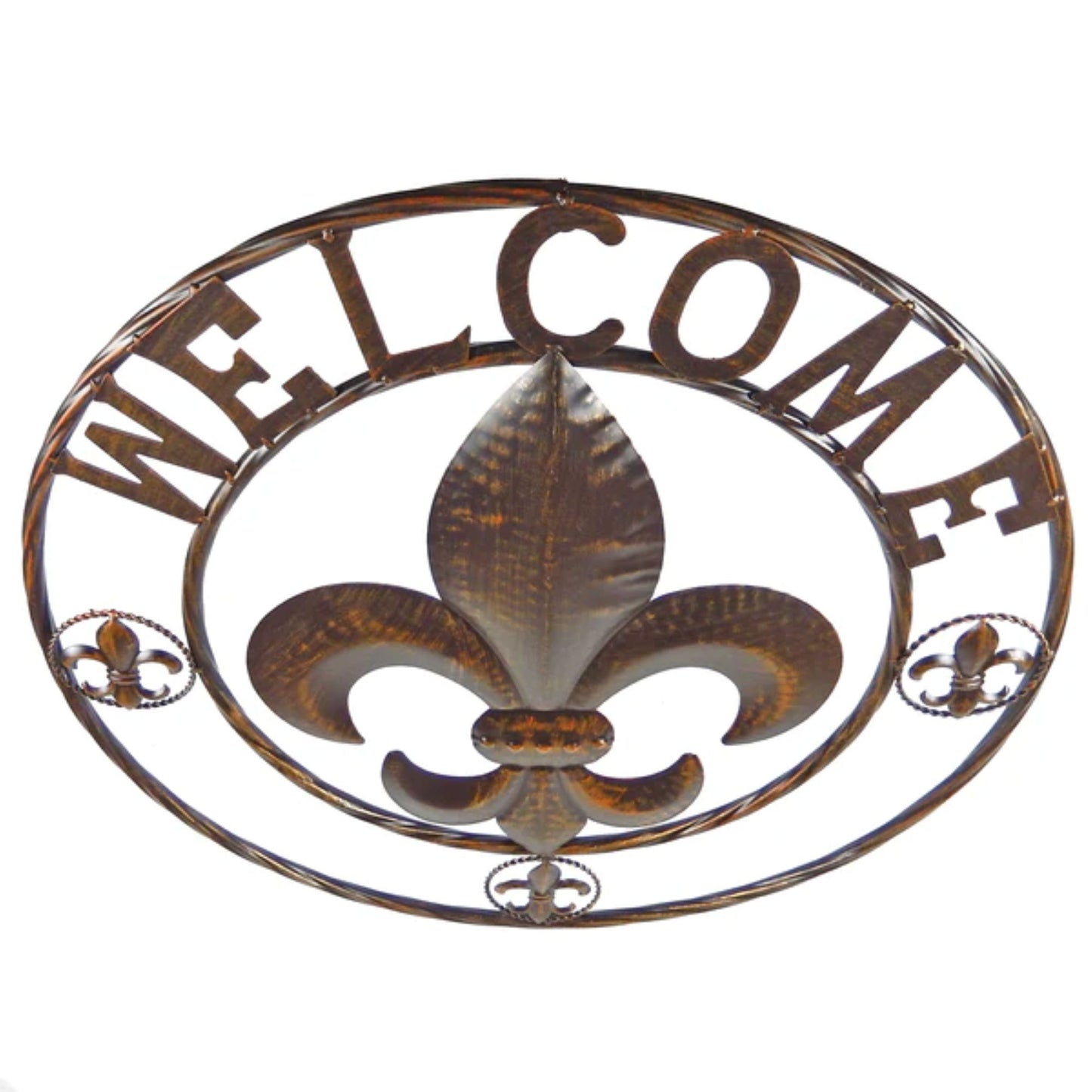 FLEUR DE LIS WELCOME BROWN WITH GOLD STUD BEAD WESTERN METAL ART HANDMADE #EH12923