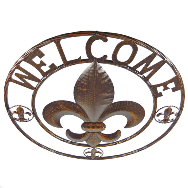FLEUR DE LIS WELCOME BROWN WITH GOLD STUD BEAD WESTERN METAL ART HANDMADE #EH12923