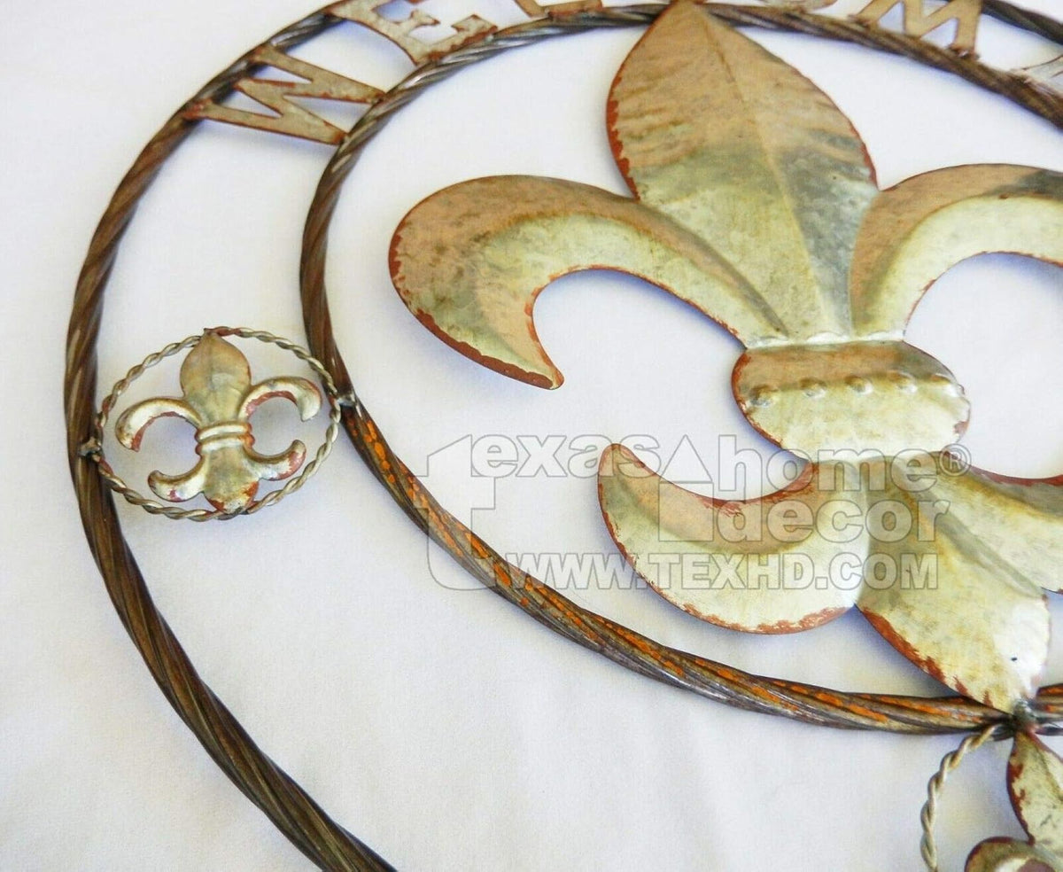 FLEUR DE LIS 24" WELCOME GALVANIZED RAW METAL WALL ART WESTERN HOME DECOR #EH10286