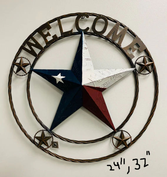 WELCOME LICENSE PLATE RED WHITE BLUE BARN METAL BARN LONE STAR TWIST ROPE RING WESTERN HOME DECOR HANDMADE #EH12986
