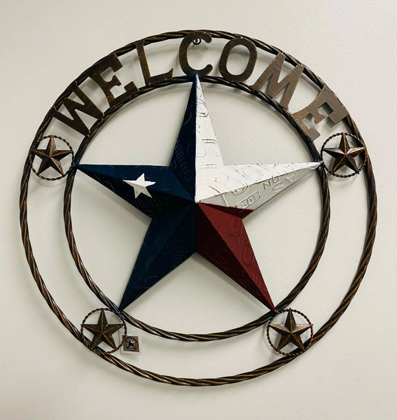 WELCOME LICENSE PLATE RED WHITE BLUE BARN METAL BARN LONE STAR TWIST ROPE RING WESTERN HOME DECOR HANDMADE #EH12986