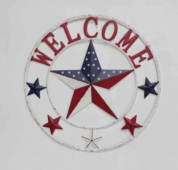 24" WELCOME USA FLAG BARN METAL FLAT STAR 2D FLAT PLAIN RED WHITE BLUE WESTER HOME DECOR HANDMADE NEW #EH12311