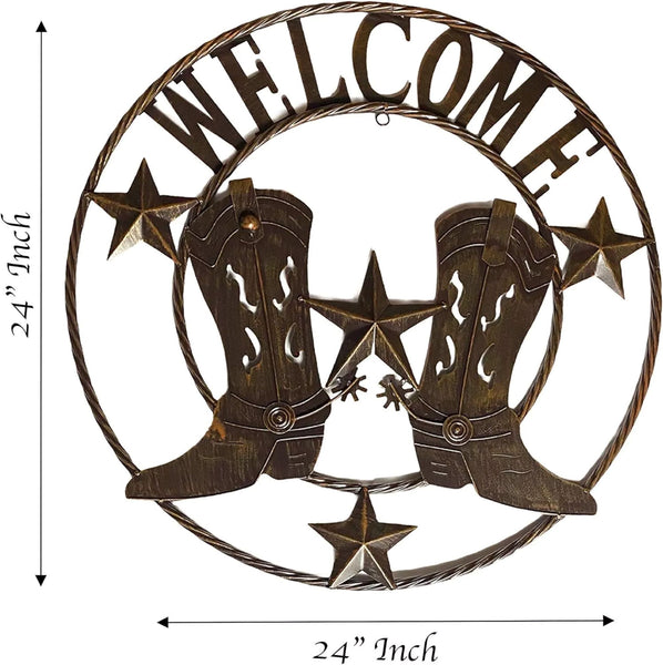 24" WELCOME COWBOY COWGIRL BOOT STARS METAL WALL WESTERN HOME DECOR NEW #EH10464