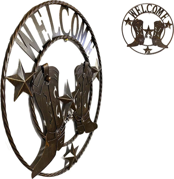 24" WELCOME COWBOY COWGIRL BOOT STARS METAL WALL WESTERN HOME DECOR NEW #EH10464