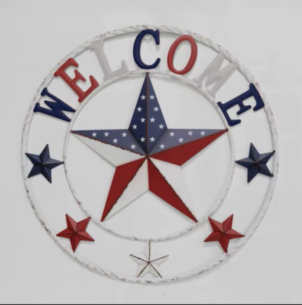 24" WELCOME USA FLAG BARN METAL FLAT STAR 2D PLAIN RED WHITE BLUE WESTER HOME DECOR HANDMADE NEW #EH12310