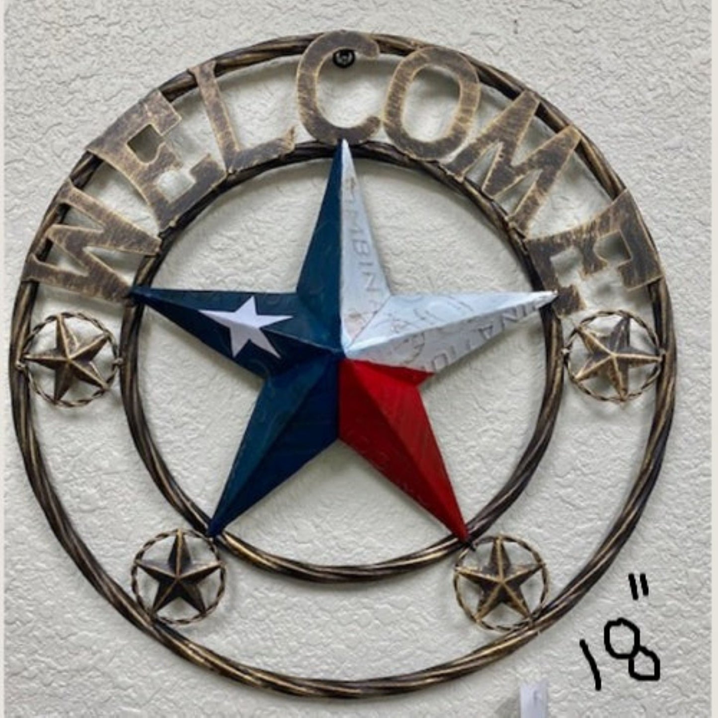 WELCOME LICENSE PLATE RED WHITE BLUE BARN METAL BARN LONE STAR TWIST ROPE RING WESTERN HOME DECOR HANDMADE #EH12986