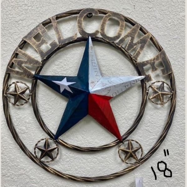 WELCOME LICENSE PLATE RED WHITE BLUE BARN METAL BARN LONE STAR TWIST ROPE RING WESTERN HOME DECOR HANDMADE #EH12986