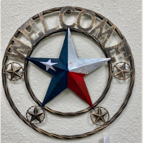 WELCOME LICENSE PLATE RED WHITE BLUE BARN METAL BARN LONE STAR TWIST ROPE RING WESTERN HOME DECOR HANDMADE #EH12986
