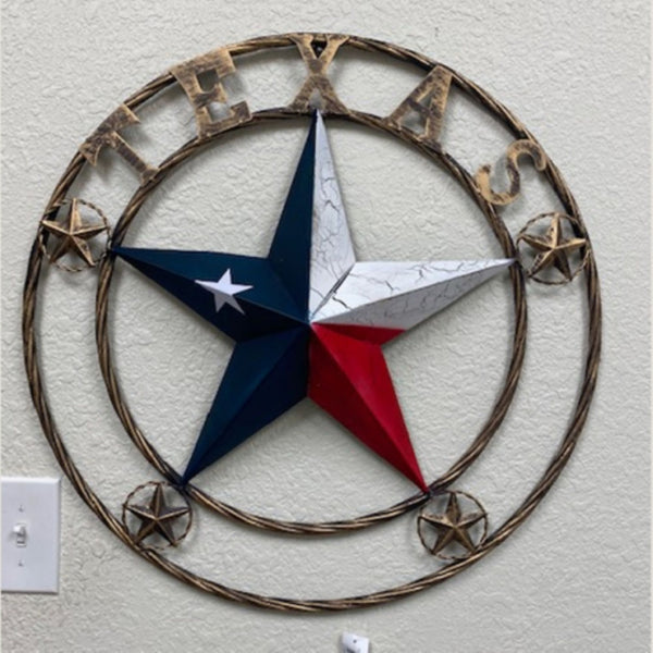 TEXAS CRACKLE STAR TWIST ROPE RING RED WHITE BLUE METAL STAR WESTERN HOME DECOR HANDMADE NEW #EH13051