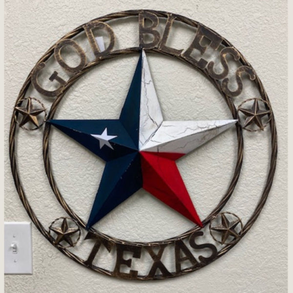GOD BLESS TEXAS BARN STAR METAL LONE STAR CRACKLE RED WHITE & BLUE WESTERN HOME DECOR HANDMADE NEW #EH11067