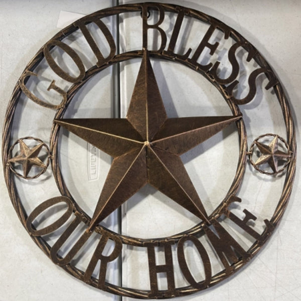 18" GOD BLESS OUR HOME BARN STAR METAL LONE STAR TWISTED ROPE RING RUSTIC BRONZE WESTERN HOME DECOR HANDMADE #EH12955