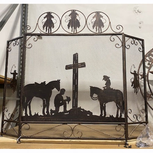 PRAYING COWBOY CHURCH METAL FIREPLACE SCREEN 39" X 34" WESTERN HOME DECOR HANDMADE #EH80004