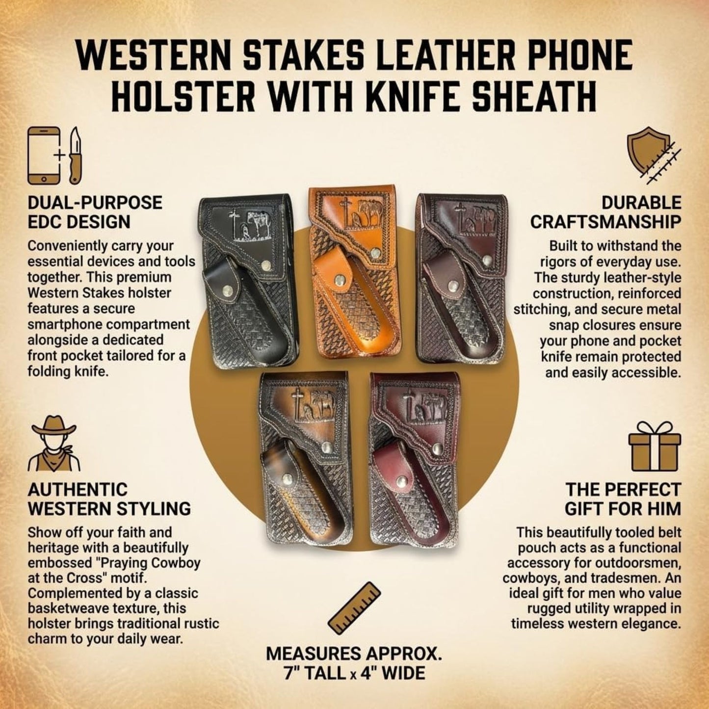 7" COWBOY PRAYER POUCH & KNIFE LEATHER HOLSTER XTRA LARGE  BELT LOOP CELL PHONE CASE UNIVERSAL OVERSIZE #EH13245