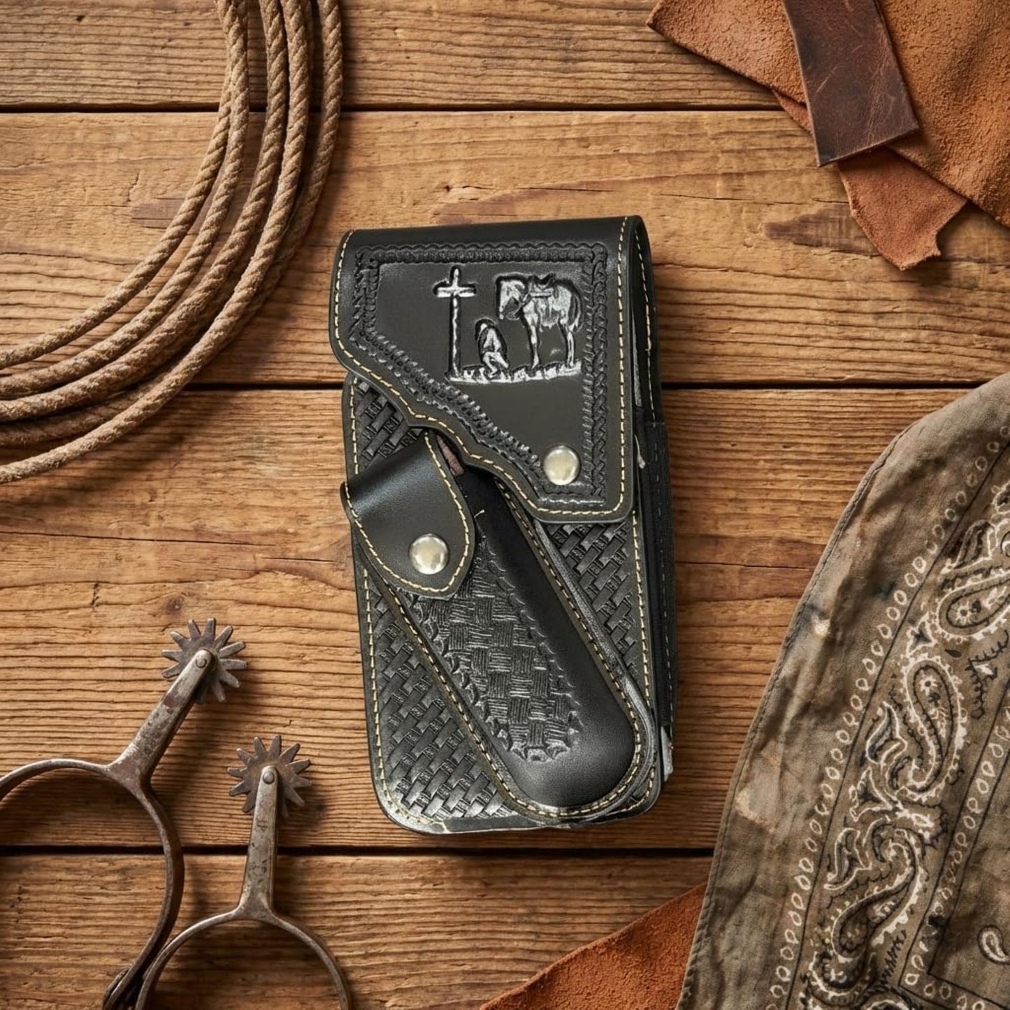 7" COWBOY PRAYER POUCH & KNIFE LEATHER HOLSTER XTRA LARGE  BELT LOOP CELL PHONE CASE UNIVERSAL OVERSIZE #EH13245