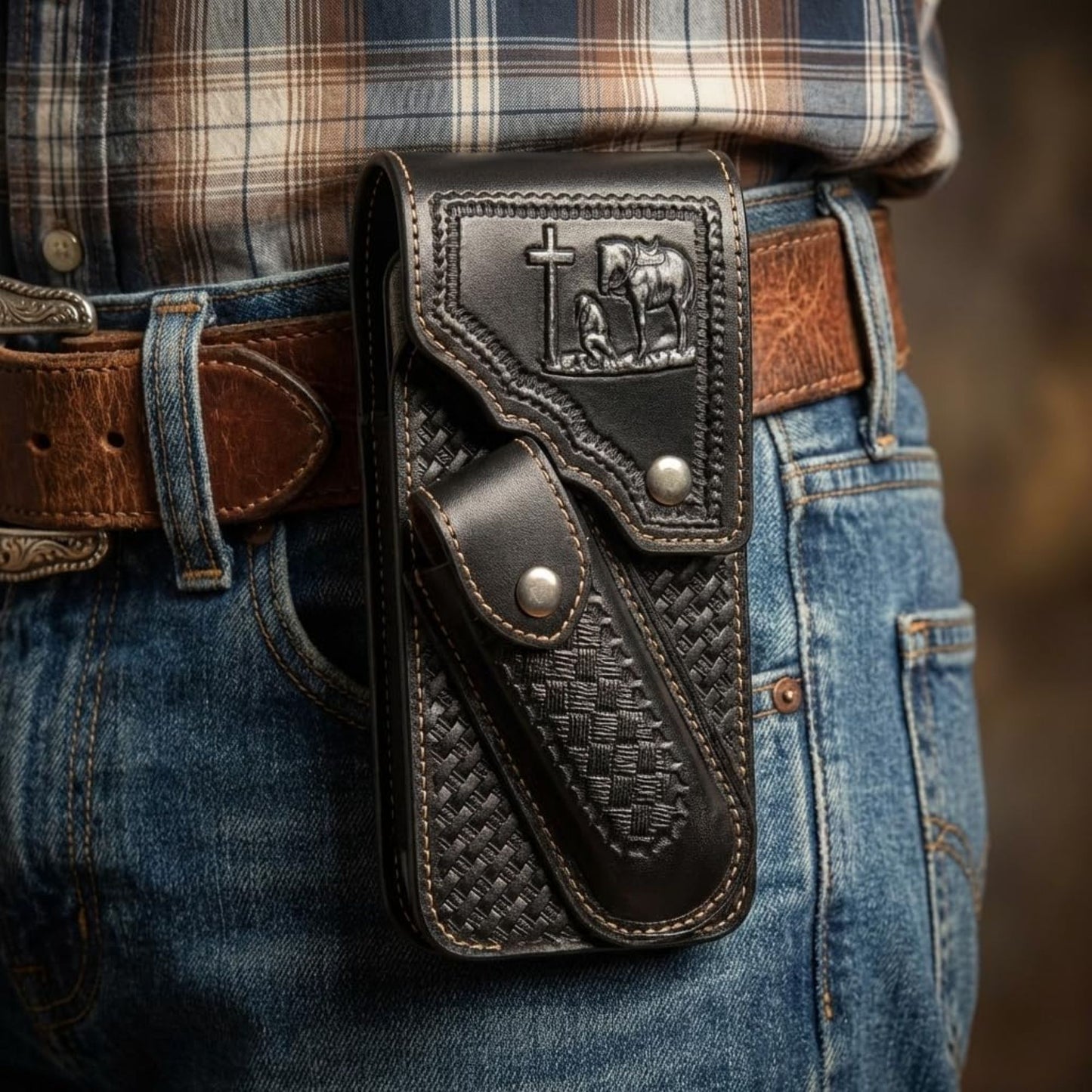 7" COWBOY PRAYER POUCH & KNIFE LEATHER HOLSTER XTRA LARGE  BELT LOOP CELL PHONE CASE UNIVERSAL OVERSIZE #EH13245