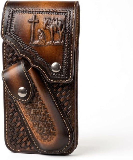 7" COWBOY PRAYER POUCH & KNIFE LEATHER HOLSTER XTRA LARGE  BELT LOOP CELL PHONE CASE UNIVERSAL OVERSIZE #EH13245