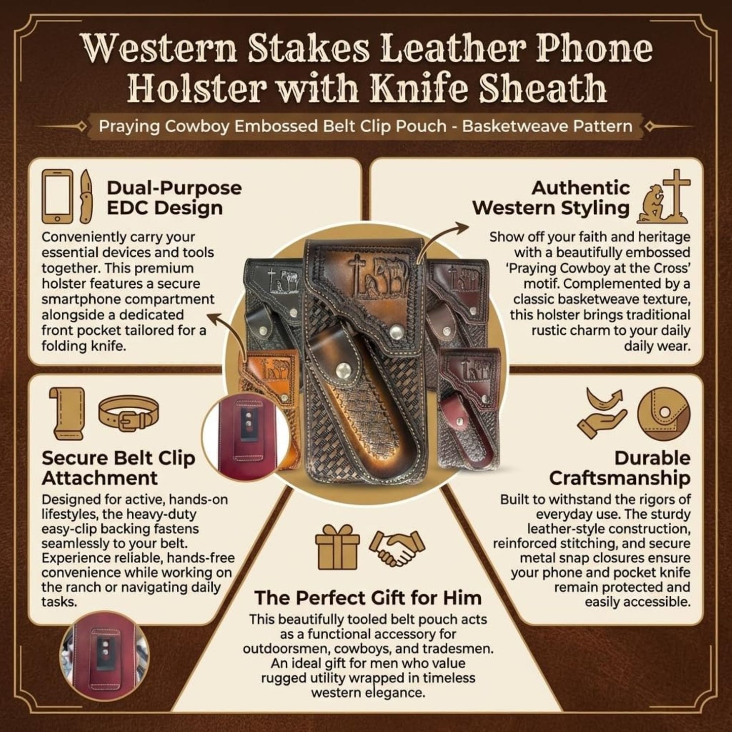 7" COWBOY PRAYER POUCH & KNIFE LEATHER HOLSTER XTRA LARGE  BELT LOOP CELL PHONE CASE UNIVERSAL OVERSIZE #EH13245