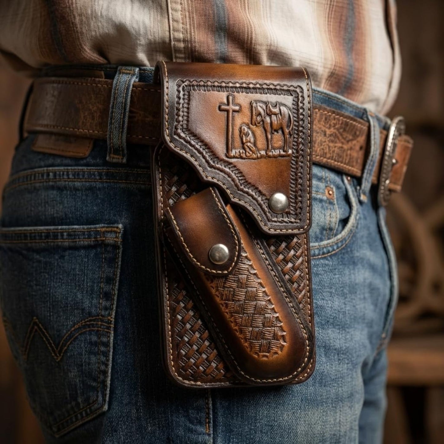 7" COWBOY PRAYER POUCH & KNIFE LEATHER HOLSTER XTRA LARGE  BELT LOOP CELL PHONE CASE UNIVERSAL OVERSIZE #EH13245