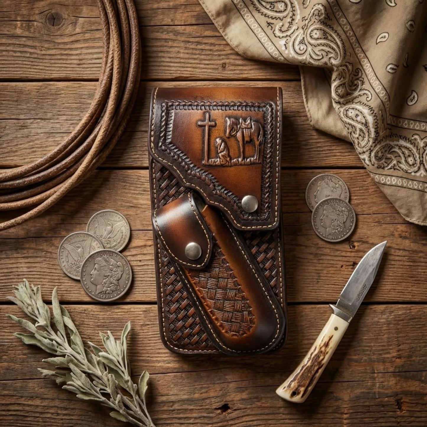 7" COWBOY PRAYER POUCH & KNIFE LEATHER HOLSTER XTRA LARGE  BELT LOOP CELL PHONE CASE UNIVERSAL OVERSIZE #EH13245