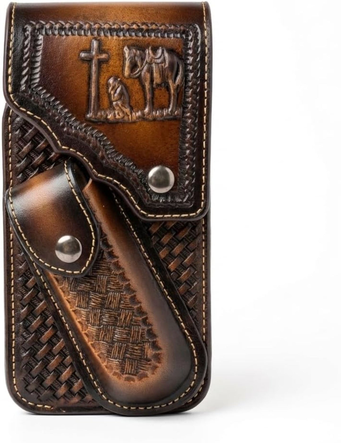 7" COWBOY PRAYER POUCH & KNIFE LEATHER HOLSTER XTRA LARGE  BELT LOOP CELL PHONE CASE UNIVERSAL OVERSIZE #EH13245