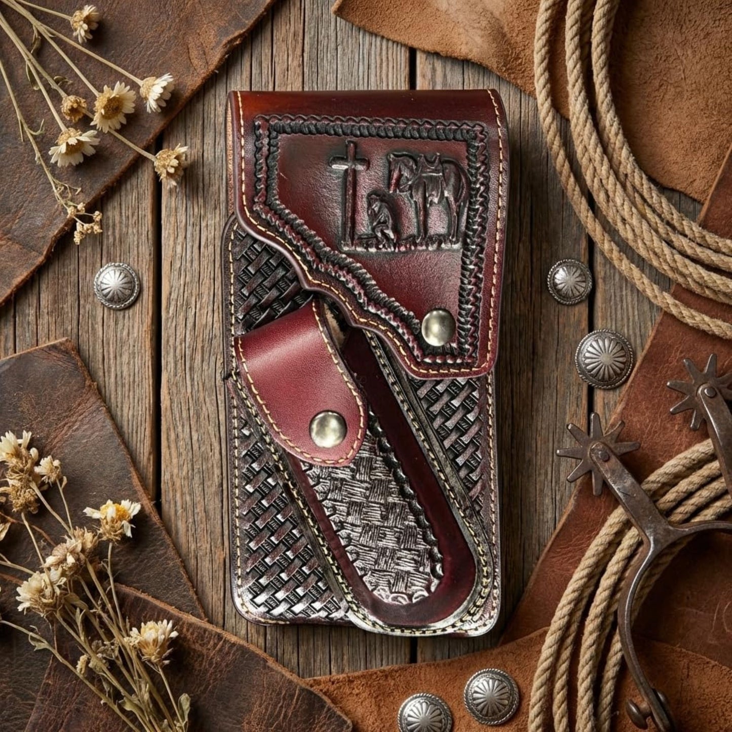 7" COWBOY PRAYER POUCH & KNIFE LEATHER HOLSTER XTRA LARGE  BELT LOOP CELL PHONE CASE UNIVERSAL OVERSIZE #EH13245