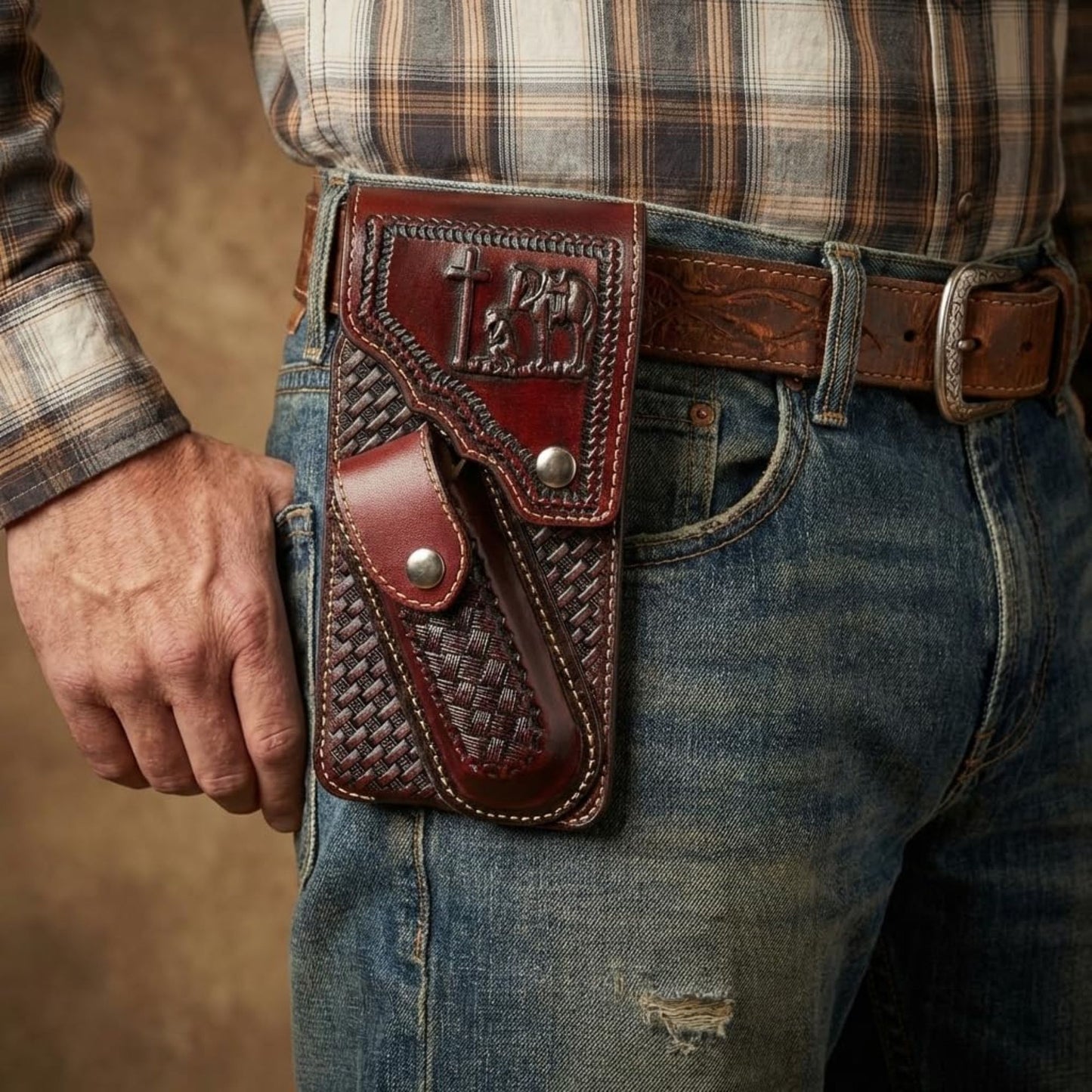 7" COWBOY PRAYER POUCH & KNIFE LEATHER HOLSTER XTRA LARGE  BELT LOOP CELL PHONE CASE UNIVERSAL OVERSIZE #EH13245