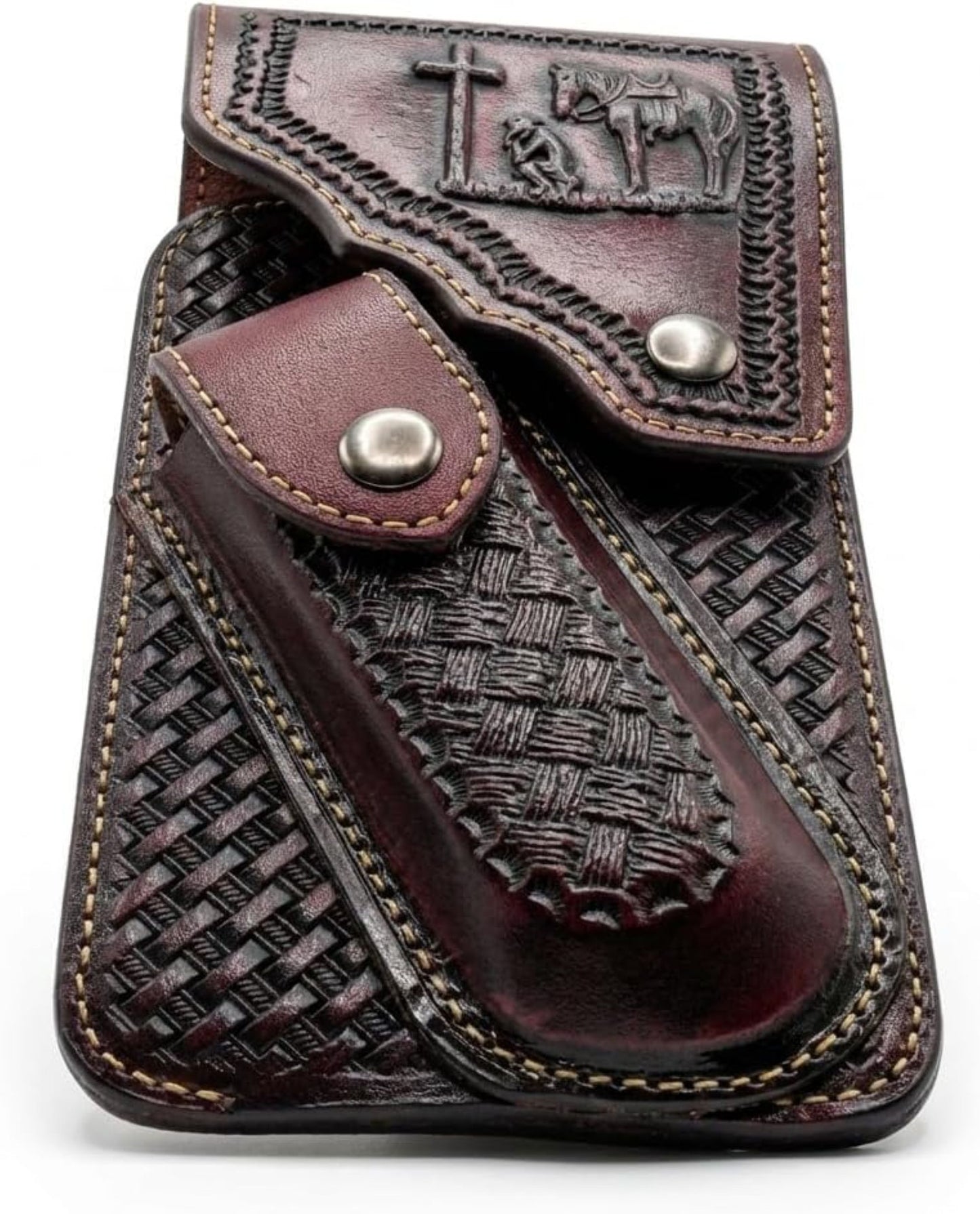 7" COWBOY PRAYER POUCH & KNIFE LEATHER HOLSTER XTRA LARGE  BELT LOOP CELL PHONE CASE UNIVERSAL OVERSIZE #EH13245