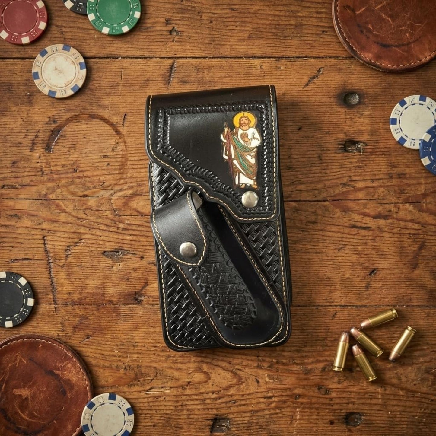 7"JESUS POUCH & KNIFE LEATHER HOLSTER XTRA LARGE  BELT LOOP CELL PHONE CASE UNIVERSAL OVERSIZE #EH13250
