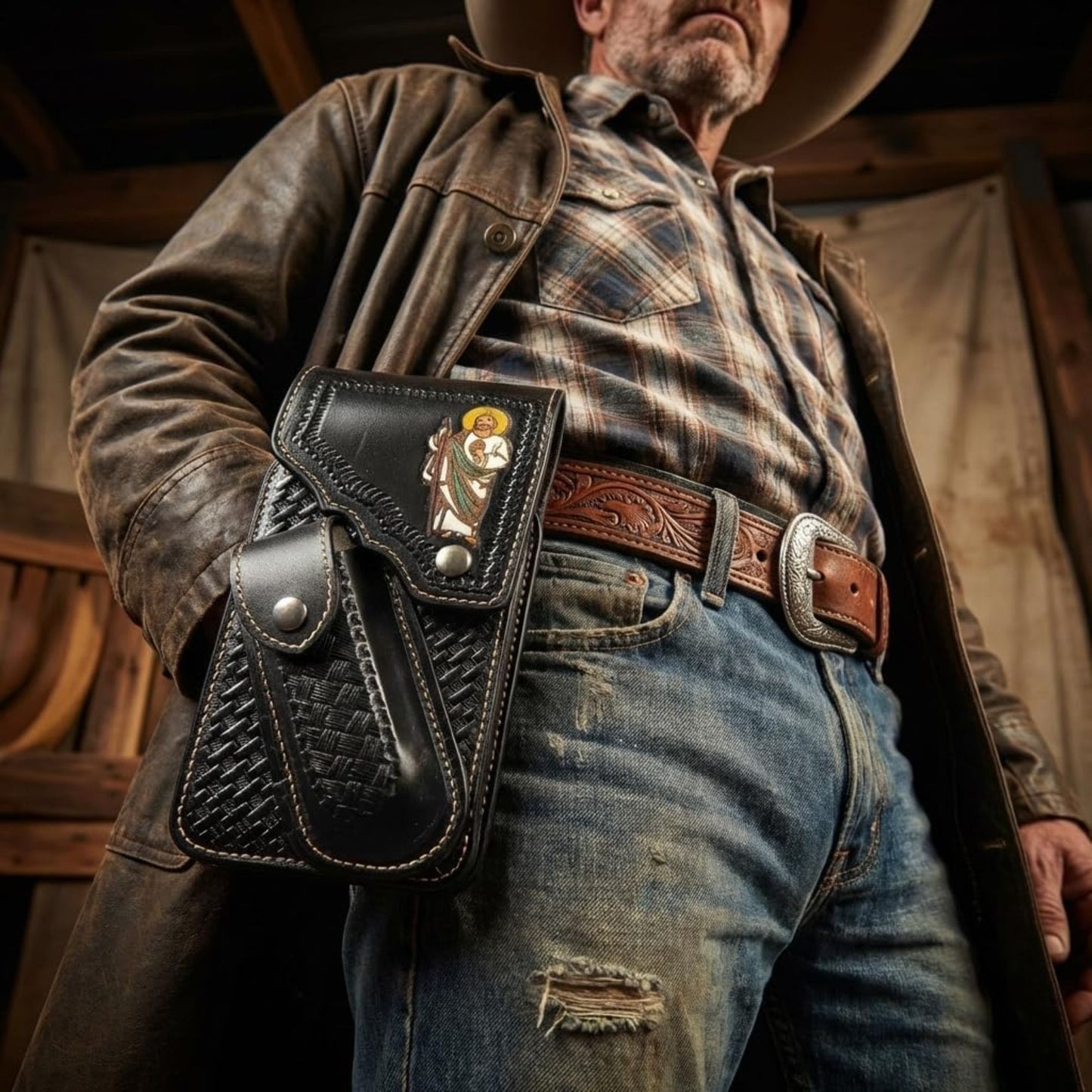 7"JESUS POUCH & KNIFE LEATHER HOLSTER XTRA LARGE  BELT LOOP CELL PHONE CASE UNIVERSAL OVERSIZE #EH13250