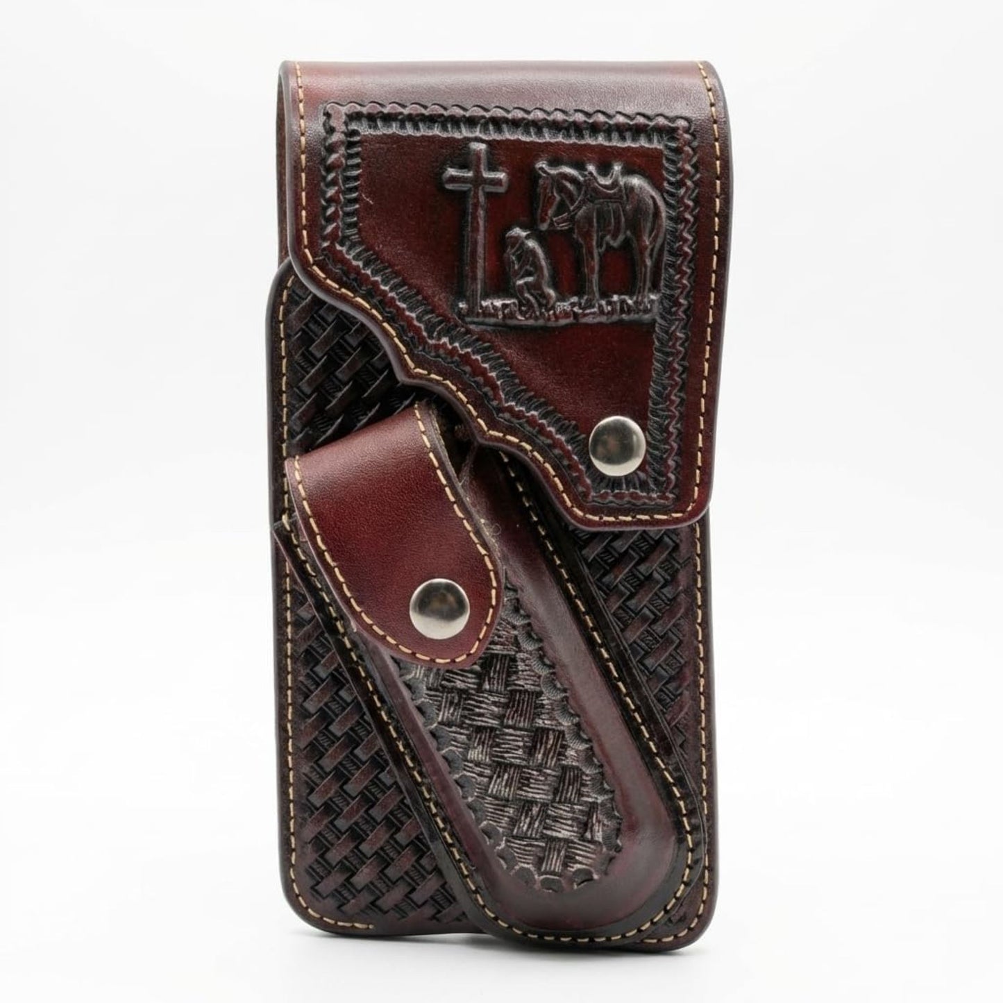 7" COWBOY PRAYER POUCH & KNIFE LEATHER HOLSTER XTRA LARGE  BELT LOOP CELL PHONE CASE UNIVERSAL OVERSIZE #EH13245